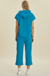 Double Take Full Size Texture Drawstring Short Sleeve Hoodie and Pocketed Pants Set OutfitFlow